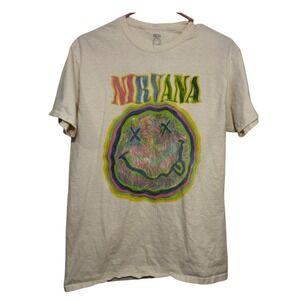 Nirvana T-Shirt Cream Multi-Color Sketch Smiley Graphic Mens‎ Medium Rock Tee
